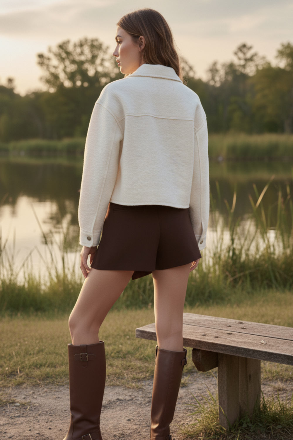 Falda short de fit ajustado, cintura alta, cruce frontal asimétrico, vivos decorativos posteriores y cierre lateral con cremallera oculta.