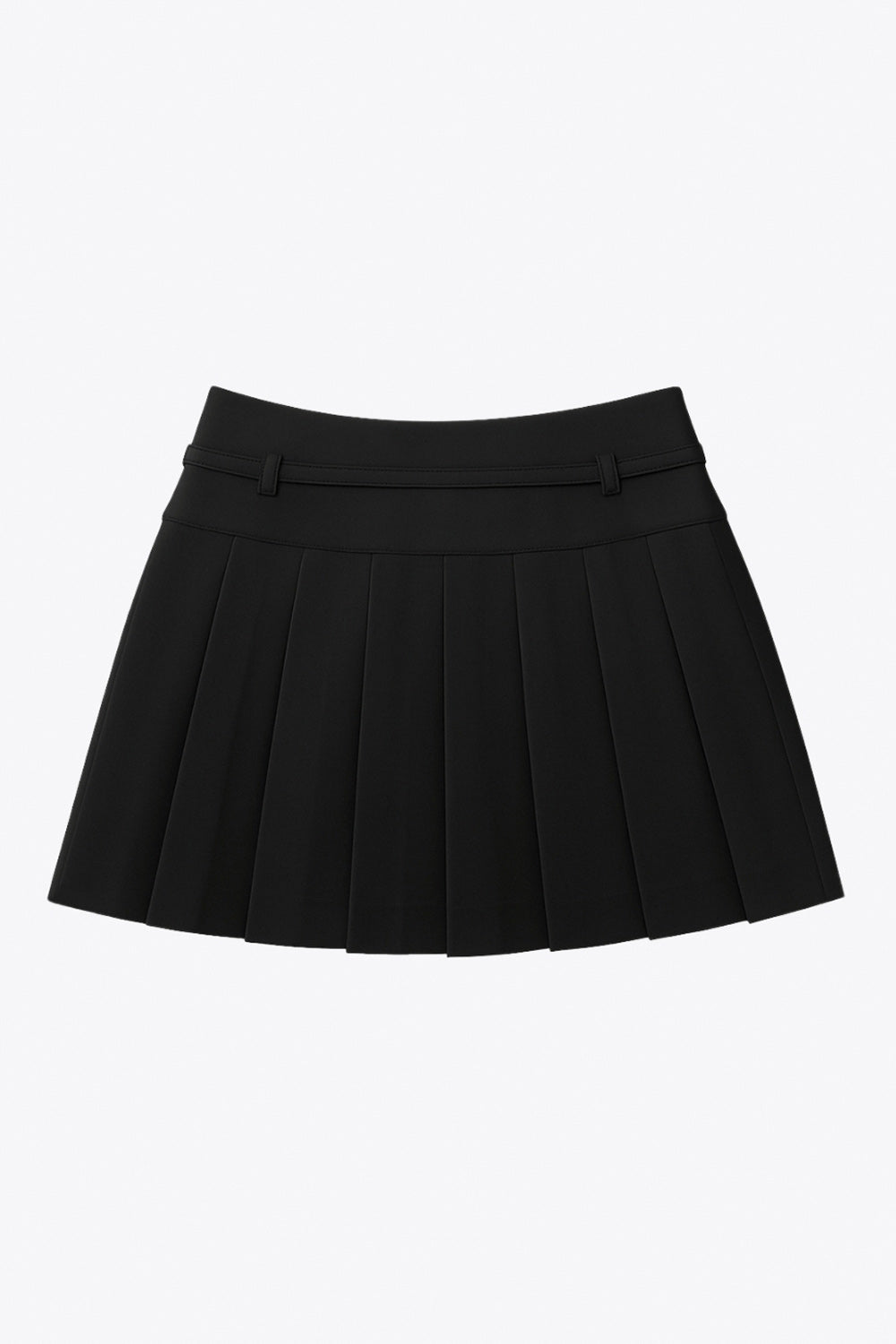 Falda short corto tableado, de corte en a, cintura alta con pretina, trabillas y lazo amarrable del tejido. Detalle de tableado en bajo y cierre lateral con cremallera oculta.