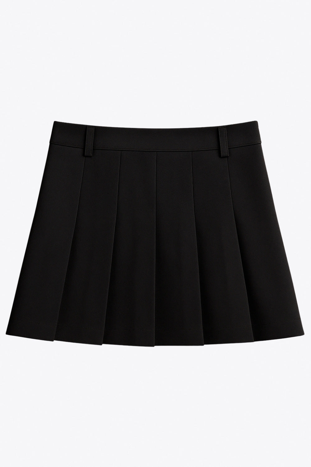 Falda short corto tableado, de cintura alta con pretina y trabillas, corte en a, cierre frontal con broche y cremallera ocultos.