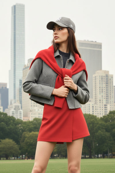 Falda short corto de fit ajustado, cintura alta, cruce frontal con bajo asimétrico, vivos decorativos posterior y cierre lateral con cremallera oculta.