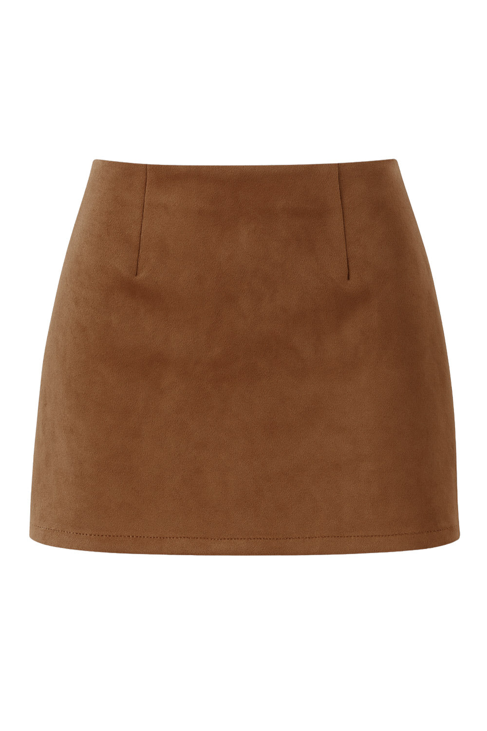 Falda short corto de gamuza, fit ajustado, cintura alta, abertura frontal en bajo y cierre lateral con cremallera oculta.