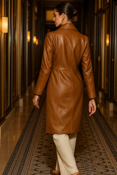 Abrigo largo de efecto piel, fit recto, con hombreras y solapa, bolsillos delanteros con cartera y manga larga. Cierre frontal con cruce de botones en contraste.