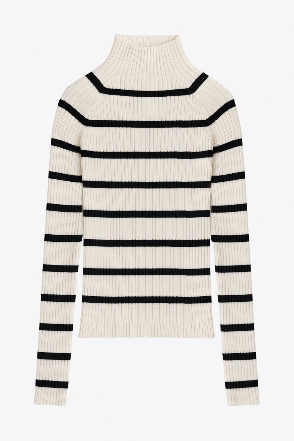 Jersey corto canalé de fit ajustado, estampado rayas, cuello alto seguido y manga larga.
