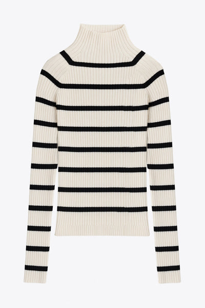 Jersey corto canalé de fit ajustado, estampado rayas, cuello alto seguido y manga larga.