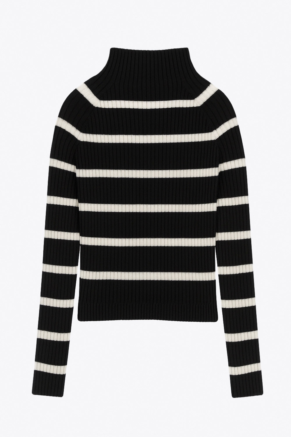 Jersey corto canalé de fit ajustado, estampado rayas, cuello alto seguido y manga larga.