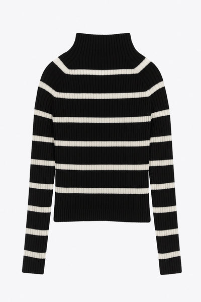 Jersey corto canalé de fit ajustado, estampado rayas, cuello alto seguido y manga larga.