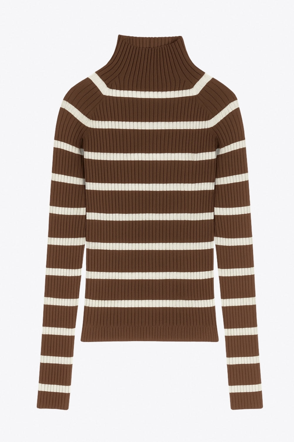 Jersey corto canalé de fit ajustado, estampado rayas, cuello alto seguido y manga larga.