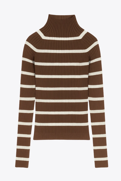 Jersey corto canalé de fit ajustado, estampado rayas, cuello alto seguido y manga larga.