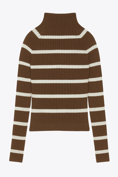 Jersey corto canalé de fit ajustado, estampado rayas, cuello alto seguido y manga larga.