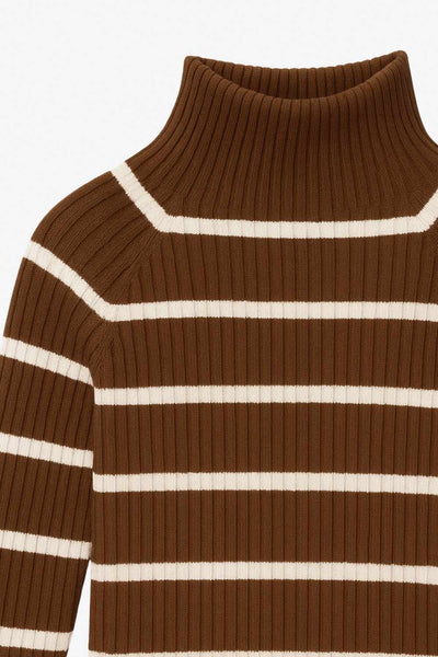 Jersey corto canalé de fit ajustado, estampado rayas, cuello alto seguido y manga larga.