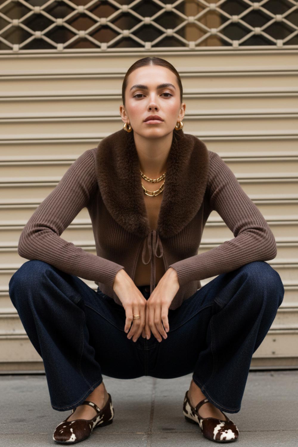 Jersey corto canalé de fit recto, manga larga, cuello v con solapa desmontable de efecto pelo y cierre frontal lazo amarrable.