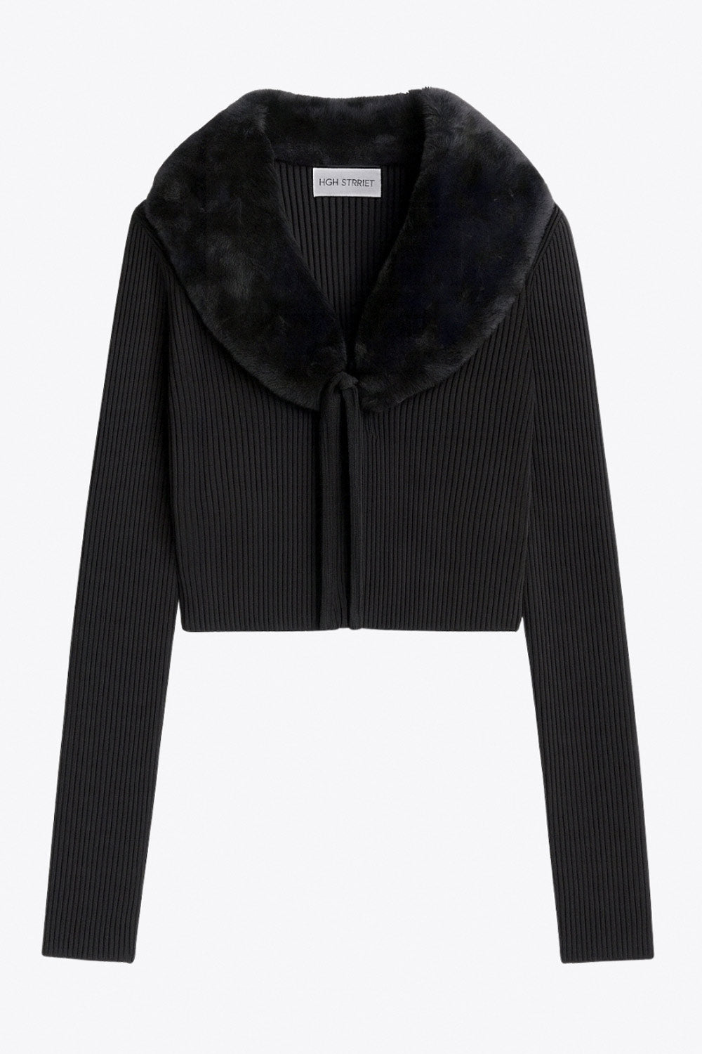 Jersey corto canalé de fit recto, manga larga, cuello v con solapa desmontable de efecto pelo y cierre frontal lazo amarrable.