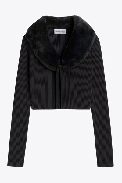 Jersey corto canalé de fit recto, manga larga, cuello v con solapa desmontable de efecto pelo y cierre frontal lazo amarrable.