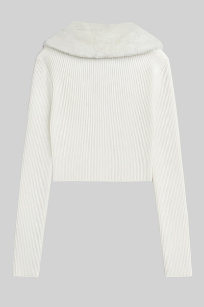 Jersey corto canalé de fit recto, manga larga, cuello v con solapa desmontable de efecto pelo y cierre frontal lazo amarrable.