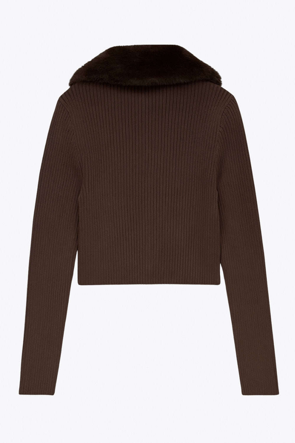 Jersey corto canalé de fit recto, manga larga, cuello v con solapa desmontable de efecto pelo y cierre frontal lazo amarrable.