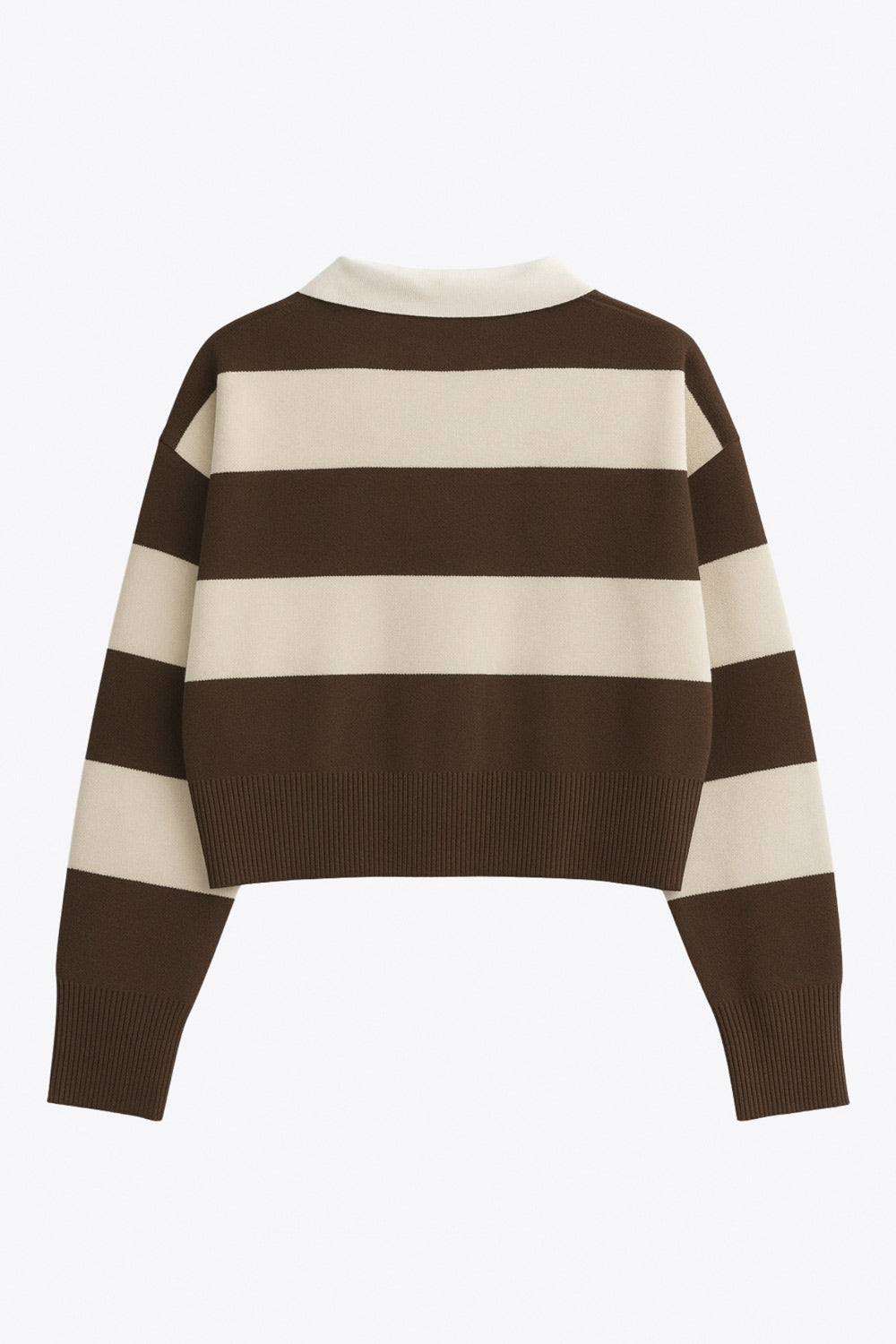 Jersey corto de punto, estampado rayas, fit recto, manga larga con rib en puño y escote v con cuello polo en contraste.
