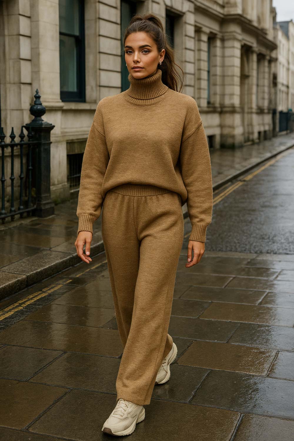 Jersey de punto, fit oversized, cuello alto con rib, manga larga amplia con hombro caído, rib en bajo y puños. Detalle de costuras decorativas.