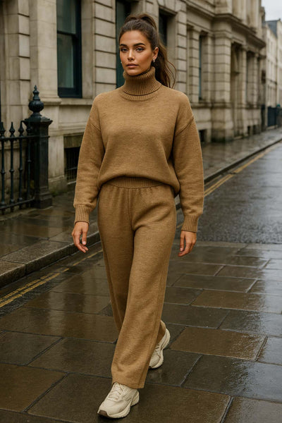 Jersey de punto, fit oversized, cuello alto con rib, manga larga amplia con hombro caído, rib en bajo y puños. Detalle de costuras decorativas.