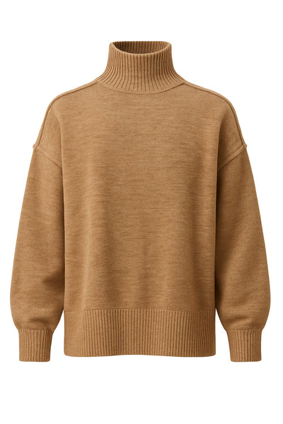 Jersey de punto, fit oversized, cuello alto con rib, manga larga amplia con hombro caído, rib en bajo y puños. Detalle de costuras decorativas.