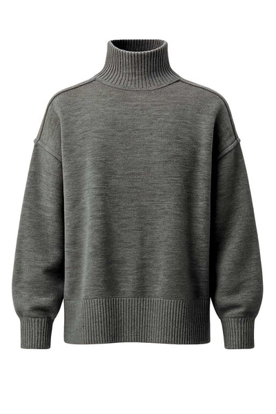 Jersey de punto, fit oversized, cuello alto con rib, manga larga amplia con hombro caído, rib en bajo y puños. Detalle de costuras decorativas.