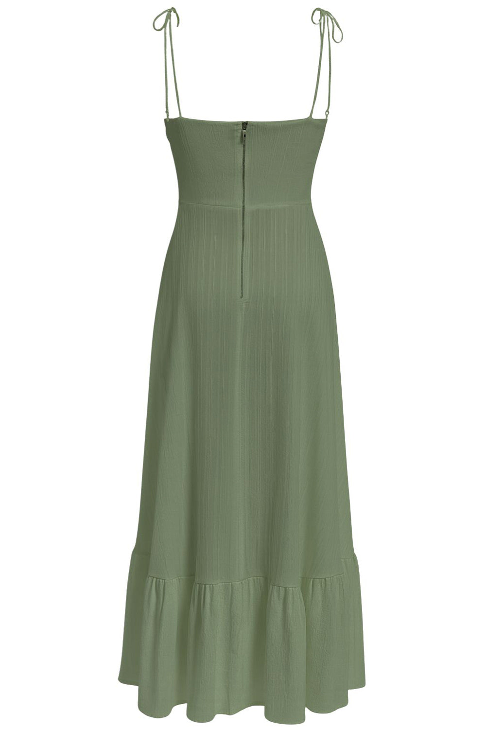 Maxi vestido de corte en a, tirantes delgados con nudo amarrables, escote corazón con cortes y detalles plisados. Cierre posterior con cremallera visible en contraste y olanes en borde de bajo.