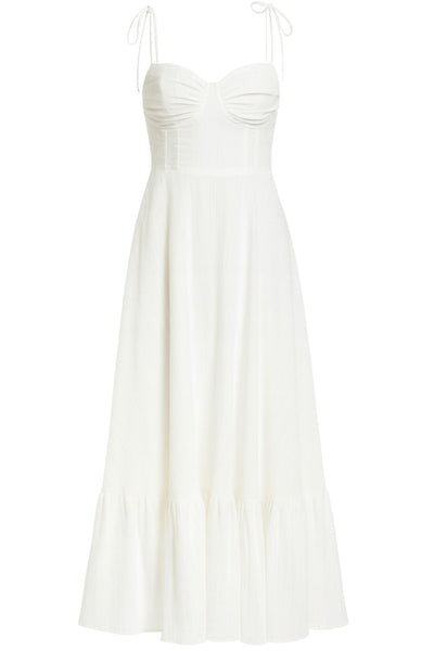 Maxi vestido de corte en a, tirantes delgados con nudo amarrables, escote corazón con cortes y detalles plisados. Cierre posterior con cremallera visible en contraste y olanes en borde de bajo.