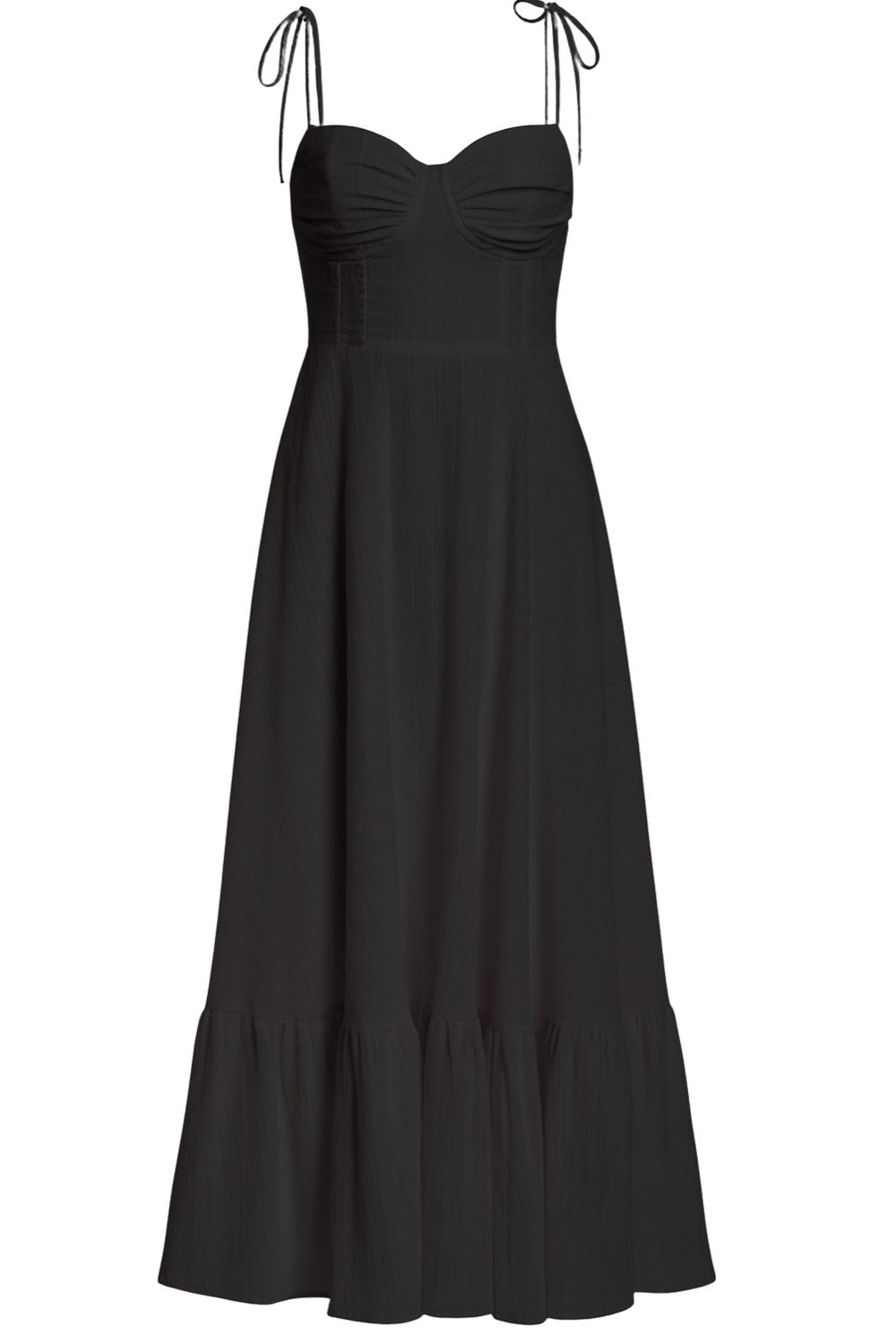 Maxi vestido de corte en a, tirantes delgados con nudo amarrables, escote corazón con cortes y detalles plisados. Cierre posterior con cremallera visible en contraste y olanes en borde de bajo.