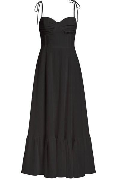 Maxi vestido de corte en a, tirantes delgados con nudo amarrables, escote corazón con cortes y detalles plisados. Cierre posterior con cremallera visible en contraste y olanes en borde de bajo.