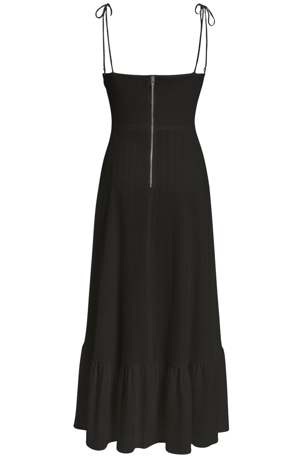 Maxi vestido de corte en a, tirantes delgados con nudo amarrables, escote corazón con cortes y detalles plisados. Cierre posterior con cremallera visible en contraste y olanes en borde de bajo.