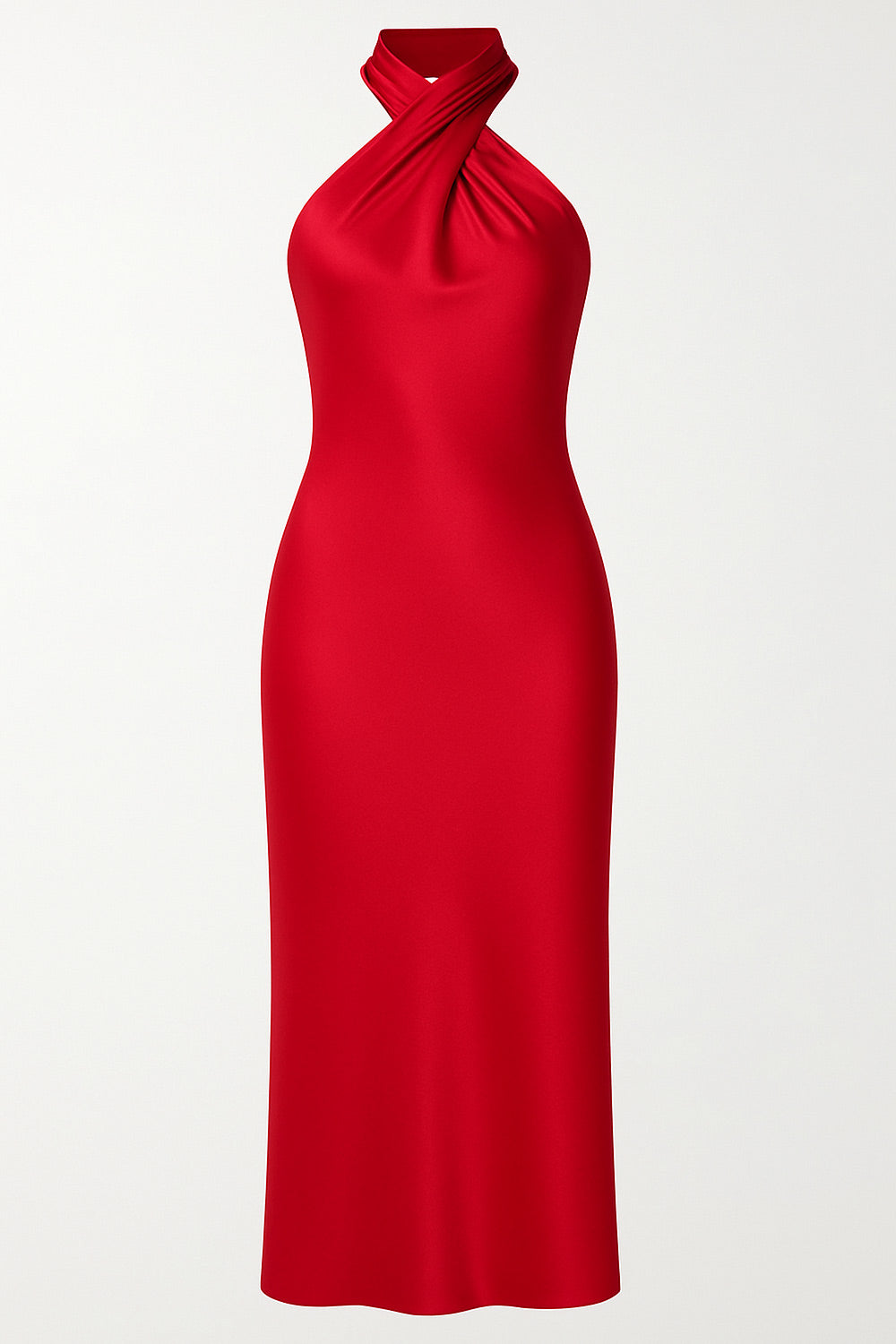 Maxi vestido satinado de fit recto, cuello halter cruzado con lazo amarrable posterior, escote en espalda y cierre posterior con cremallera oculta. Detalle de abertura lateral en bajo.