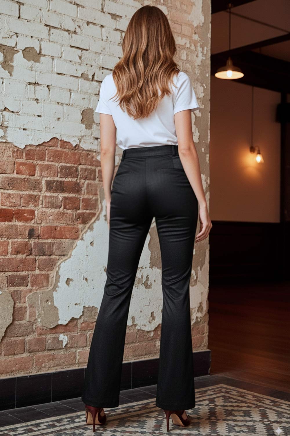 Pantalón ajustado de fit flare, efecto piel, cintura media con pretina y trabillas, bolsillos delanteros y vivos decorativos posteriores. Cierre frontal con broche y cremallera ocultos.