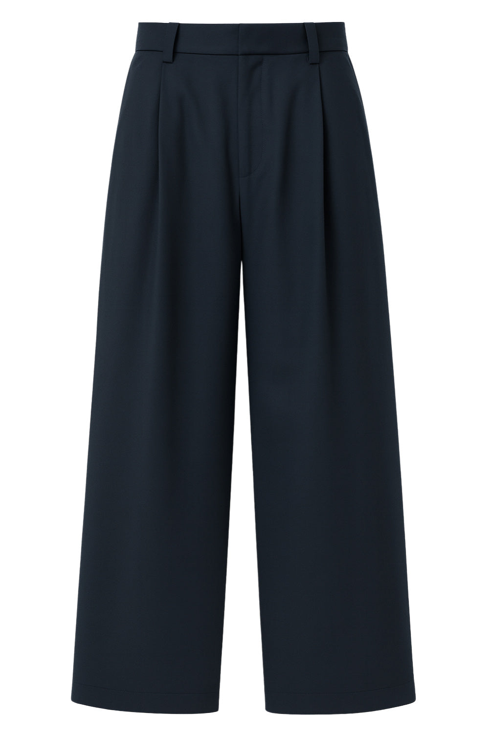 Pantalón de fit wide leg, pinzas frontales, cintura alta con pretina y trabillas, bolsillos delanteros y vivos decorativos traseros. Cierre frontal con broche y cremallera ocultos.