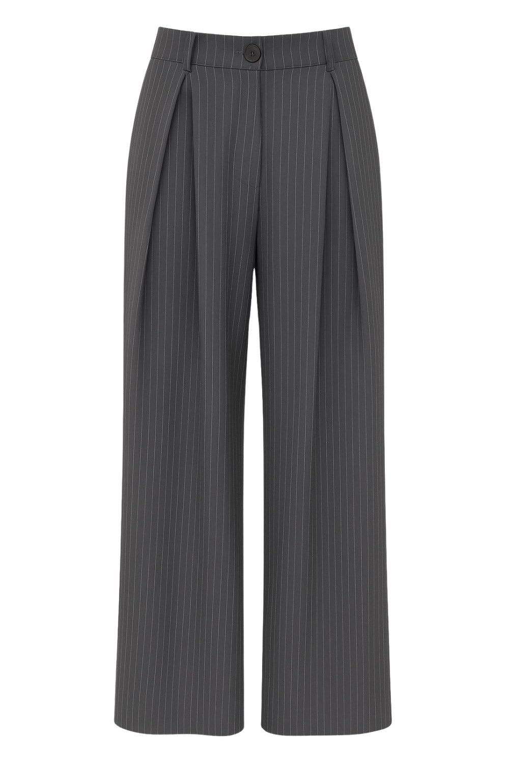 Pantalón de estampado rayas, fit palazzo, cintura alta con pretina elástica posterior, trabillas, bolsillos delanteros y pinzas frontales. Cierre frontal con botón y cremallera oculta.