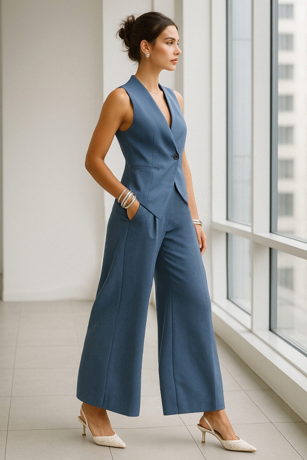 Pantalón de fit palazzo, cintura alta con trabillas, pinzas frontales, bolsillos delanteros y vivos decorativos posteriores, raya frontal y posterior. Cierre frontal con broche y cremallera ocultos.