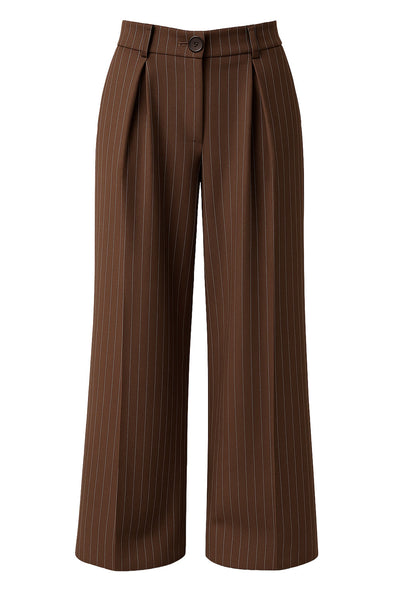 Pantalón de lino, estampado rayas, fit palazzo, cintura alta con pretina elástica posterior, trabillas, bolsillos delanteros y pinzas frontales. Cierre frontal con botón y cremallera oculta.