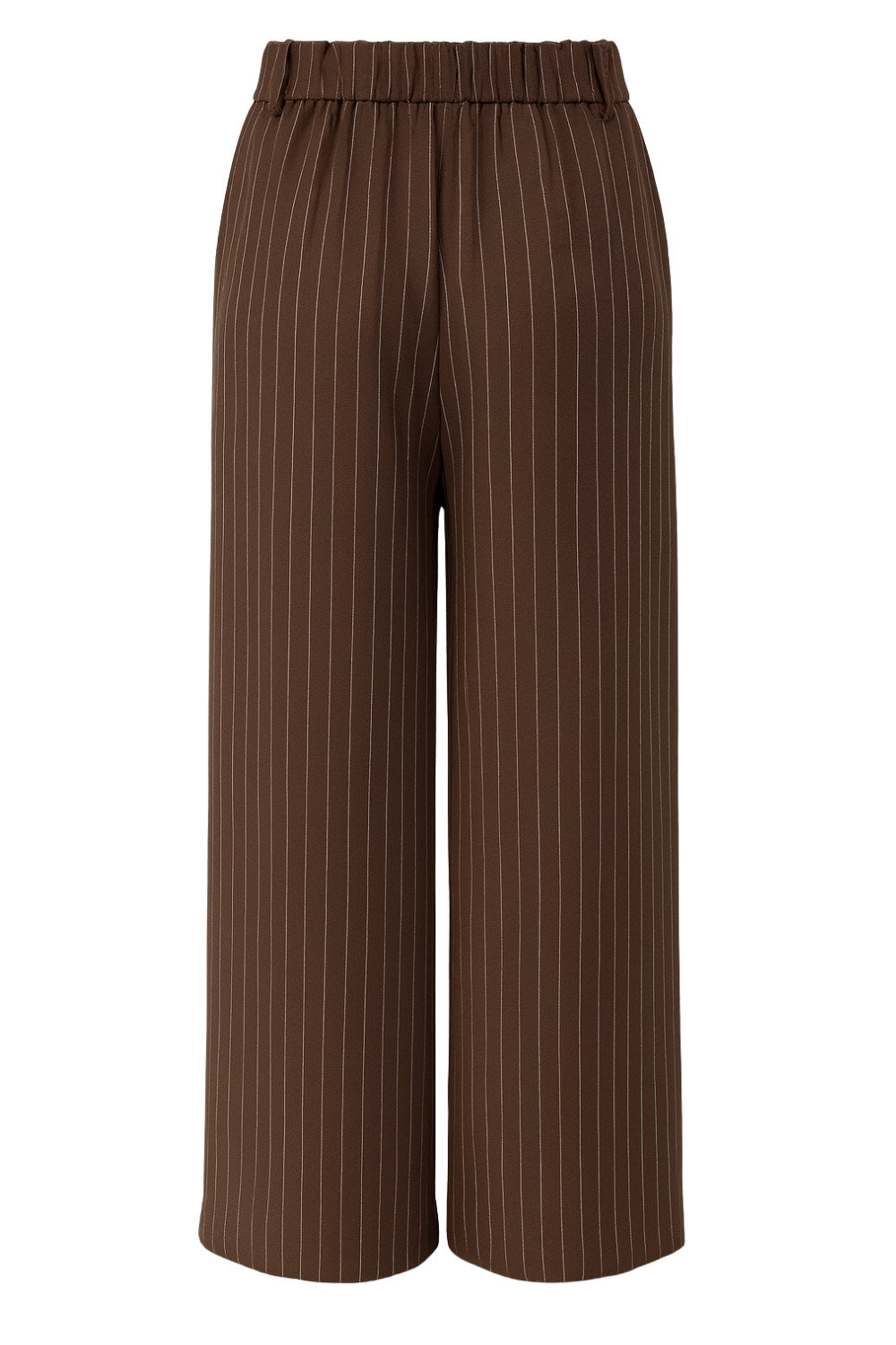 Pantalón de lino, estampado rayas, fit palazzo, cintura alta con pretina elástica posterior, trabillas, bolsillos delanteros y pinzas frontales. Cierre frontal con botón y cremallera oculta.