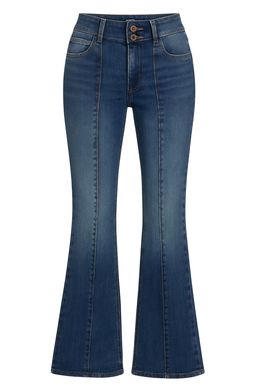 Pantalón ajustado de denim, fit flare, cintura alta con pretina y trabillas, bolsillos delanteros y traseros de parche, detalle de costura frontal decorativa en contraste, cierre frontal con cremallera y botón en contraste.