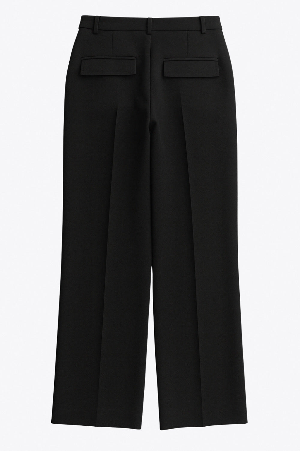 Pantalón de fit recto, cintura alta con pretina y trabillas, bolsillos delanteros y posteriores con cartera, raya frontal, cierre con broche y cremallera oculta.