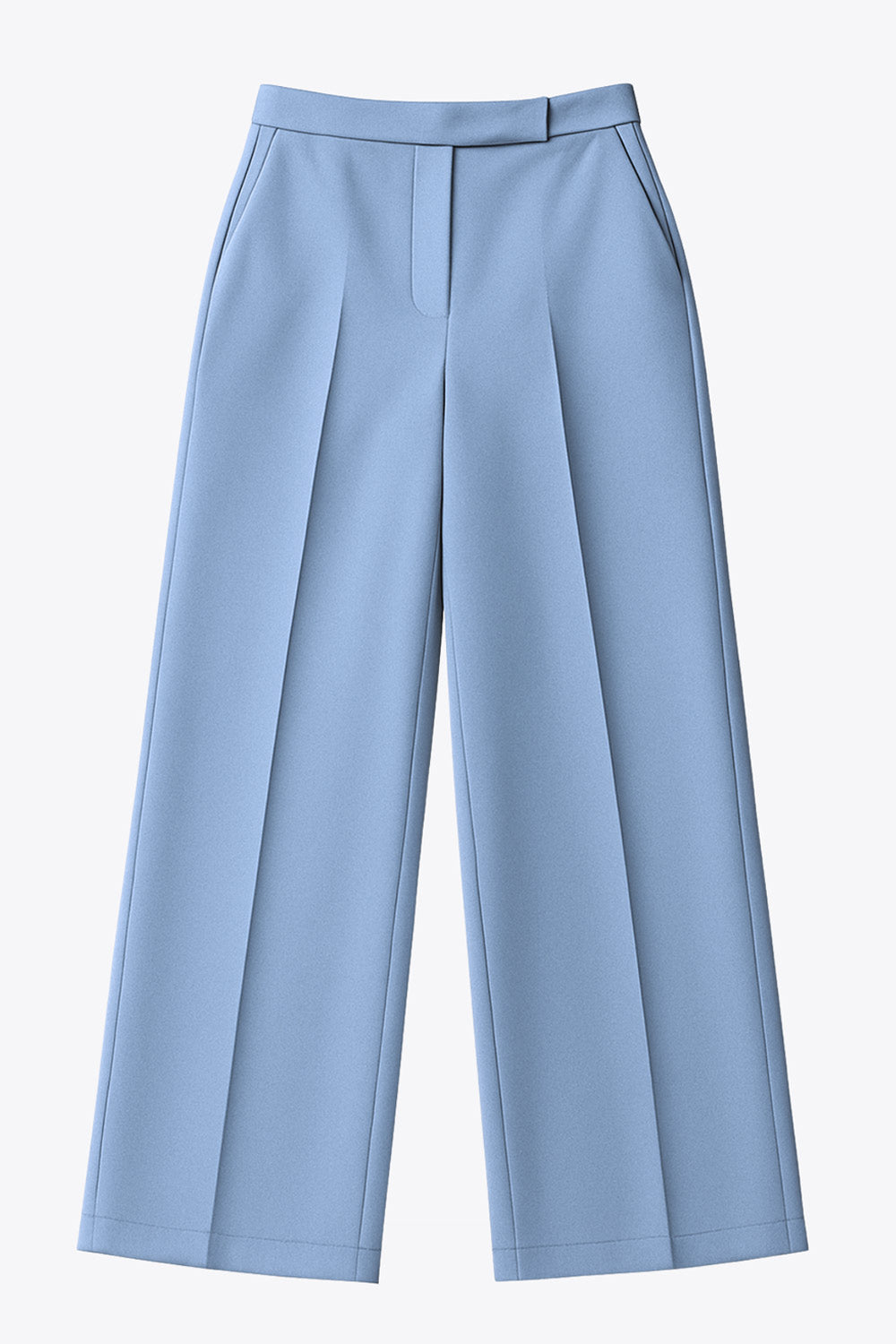 Pantalón de fit wide leg, cintura alta con pretina, bolsillos delanteros y vivos decorativos posteriores, detalle de raya frontal y posterior. Cierre frontal con broche y cremallera oculta.