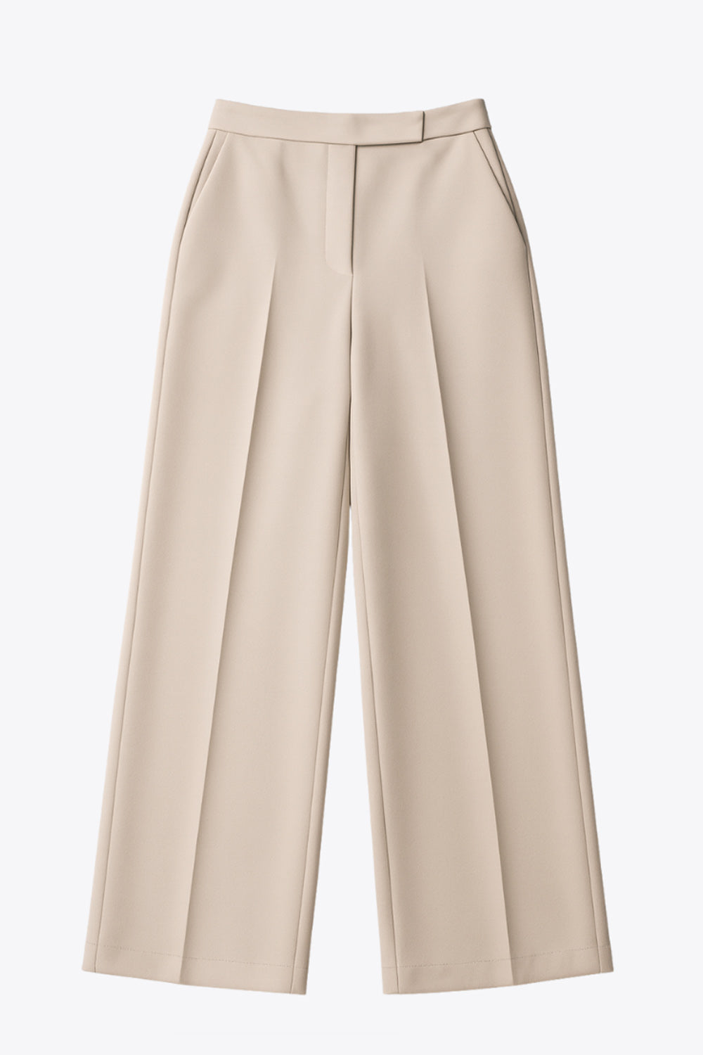 Pantalón de fit wide leg, cintura alta con pretina, bolsillos delanteros y vivos decorativos posteriores, detalle de raya frontal y posterior. Cierre frontal con broche y cremallera oculta.