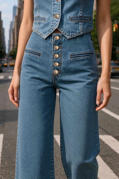 Pantalón de denim, fit cropped flare, cintura alta, vivos delanteros y bolsillos traseros de parche. Cierre frontal con hilera de botones.