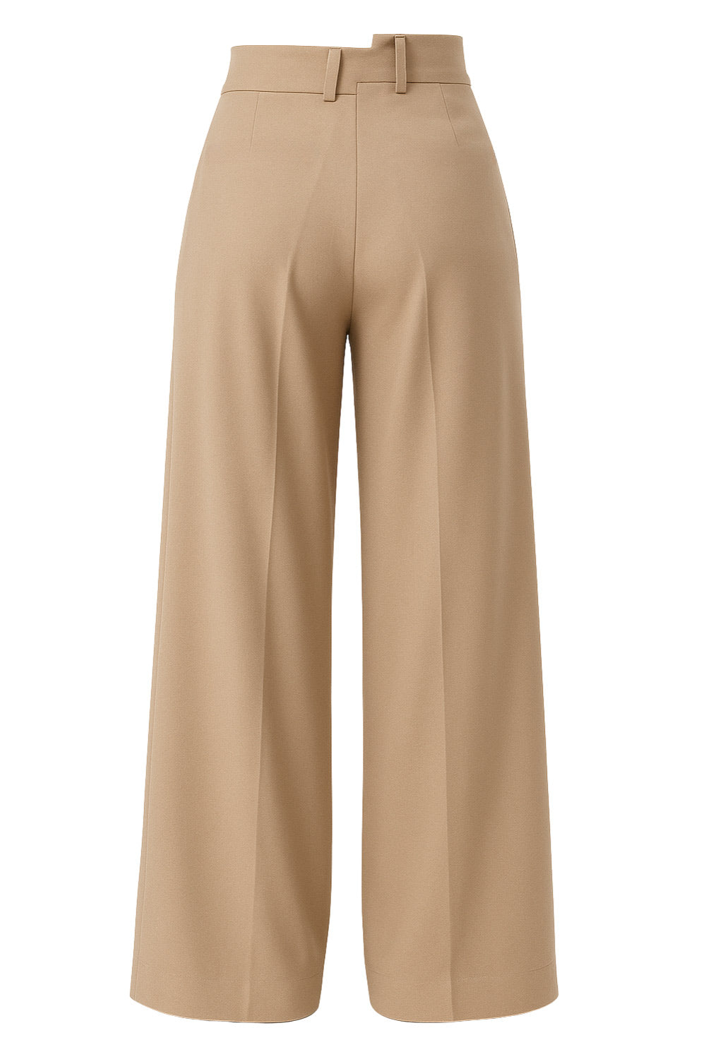 Pantalón de fit wide leg, cintura alta con pretina criss cross, trabillas, pinzas frontales con raya, bolsillos delanteros, cierre frontal con botón en contraste y cremallera oculta.