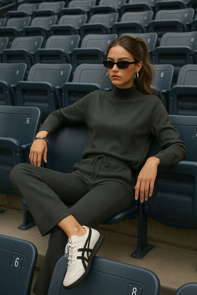 Pantalón de punto, fit flare, cintura media con pretina elástica y jareta frontal ajustable.