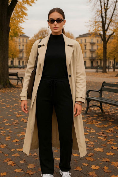 Pantalón de punto, fit flare, cintura media con pretina elástica y jareta frontal ajustable.