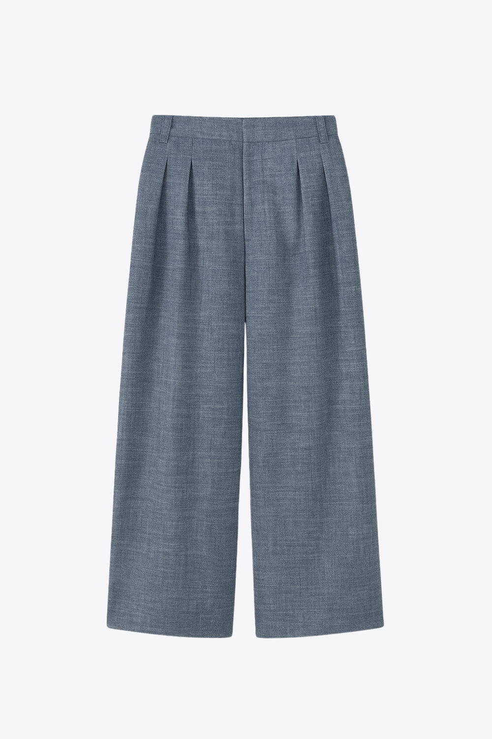 Pantalón de fit wide leg, cintura alta, con pretina y trabillas, bolsillos delanteros, pinzas frontales, cierre frontal con broche y cremallera ocultas.