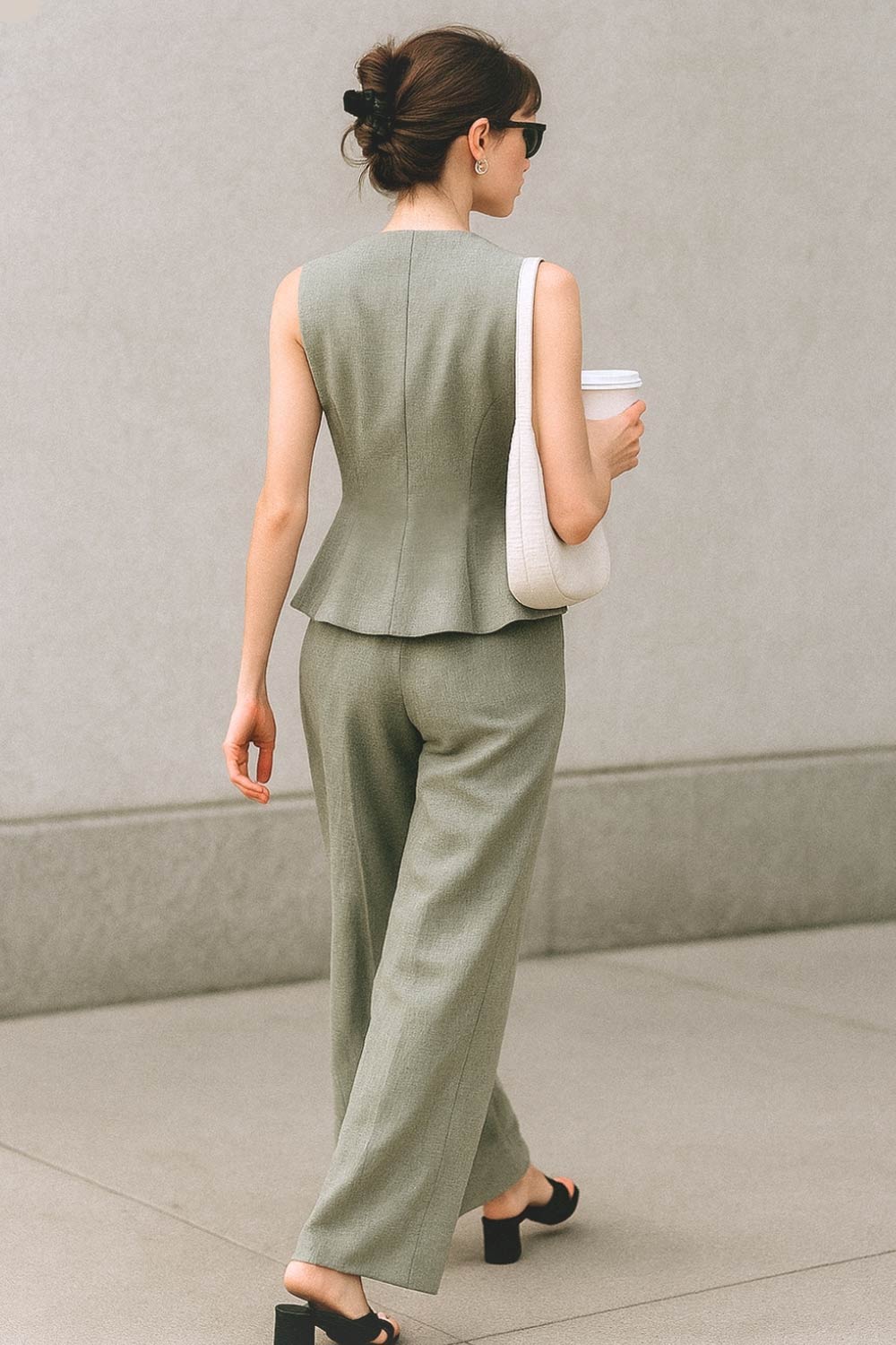 Pantalón de fit wide leg, cintura alta, con pretina y trabillas, bolsillos delanteros, pinzas frontales, cierre frontal con broche y cremallera ocultas.