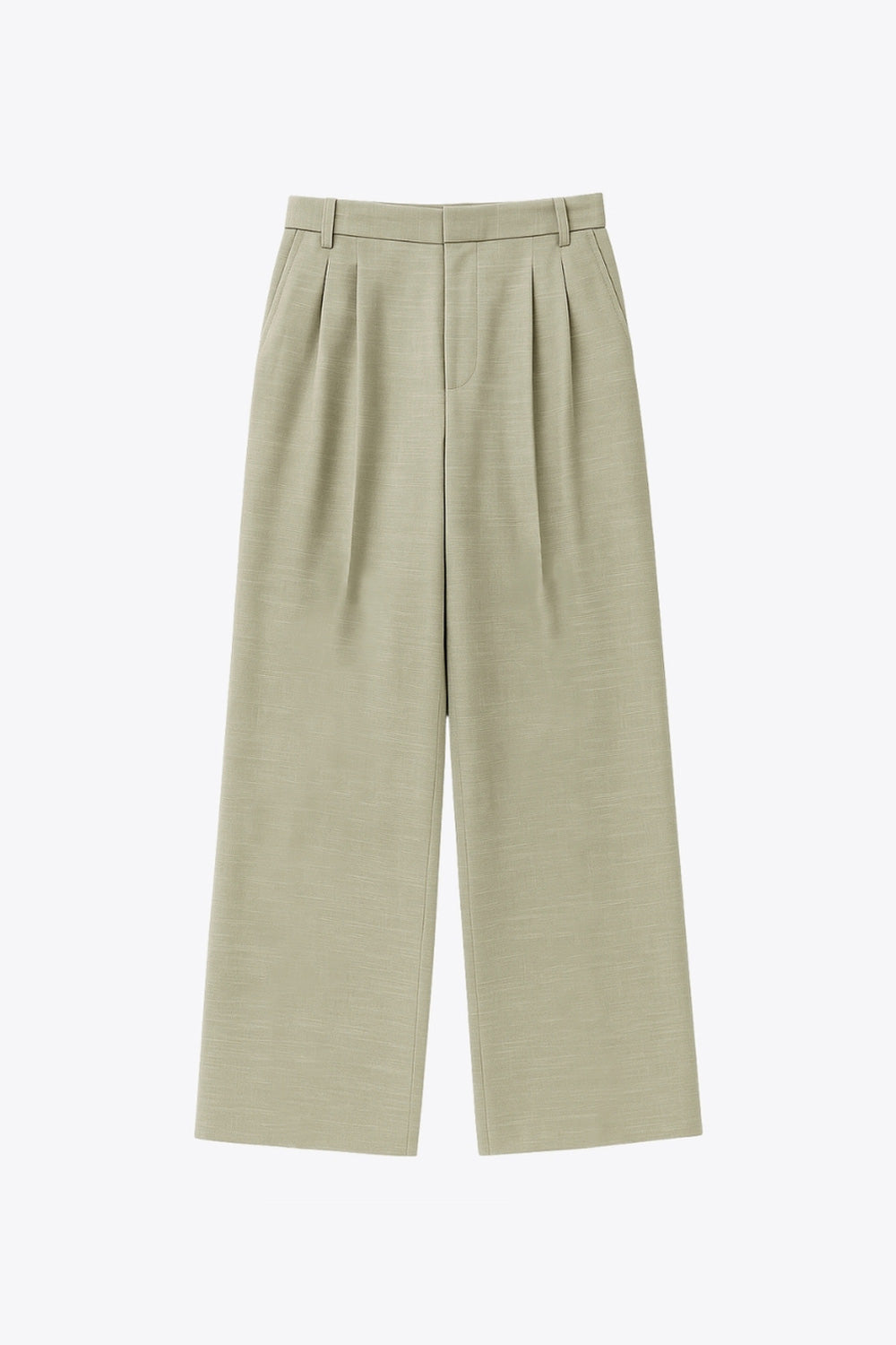 Pantalón de fit wide leg, cintura alta, con pretina y trabillas, bolsillos delanteros, pinzas frontales, cierre frontal con broche y cremallera ocultas.