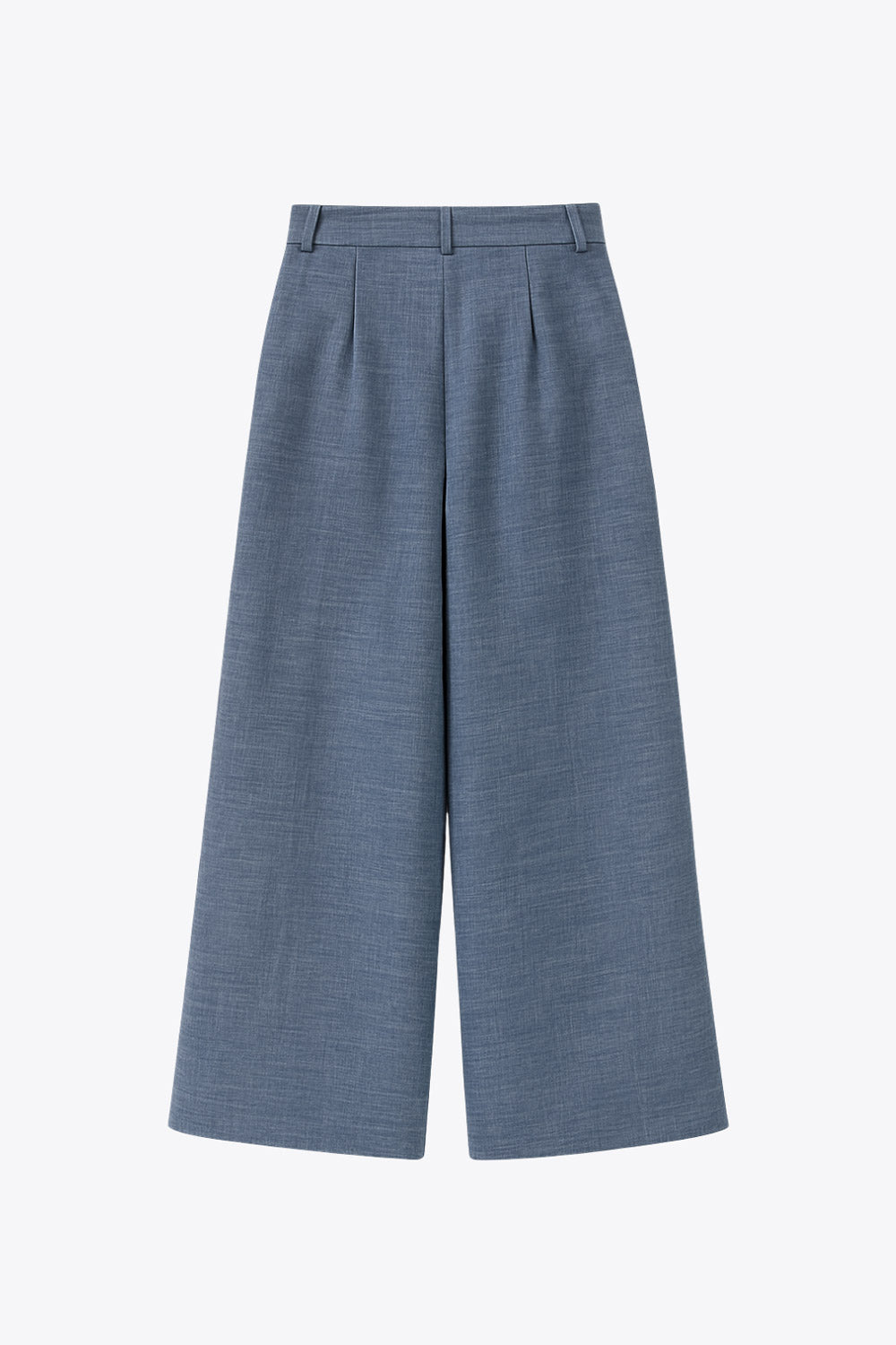 Pantalón de fit wide leg, cintura alta, con pretina y trabillas, bolsillos delanteros, pinzas frontales, cierre frontal con broche y cremallera ocultas.