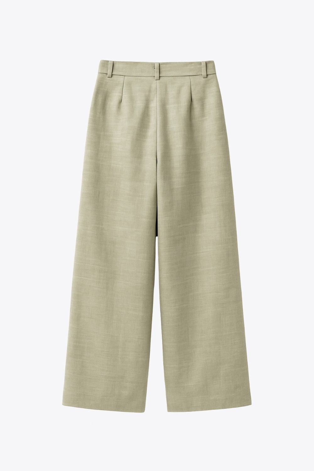 Pantalón de fit wide leg, cintura alta, con pretina y trabillas, bolsillos delanteros, pinzas frontales, cierre frontal con broche y cremallera ocultas.