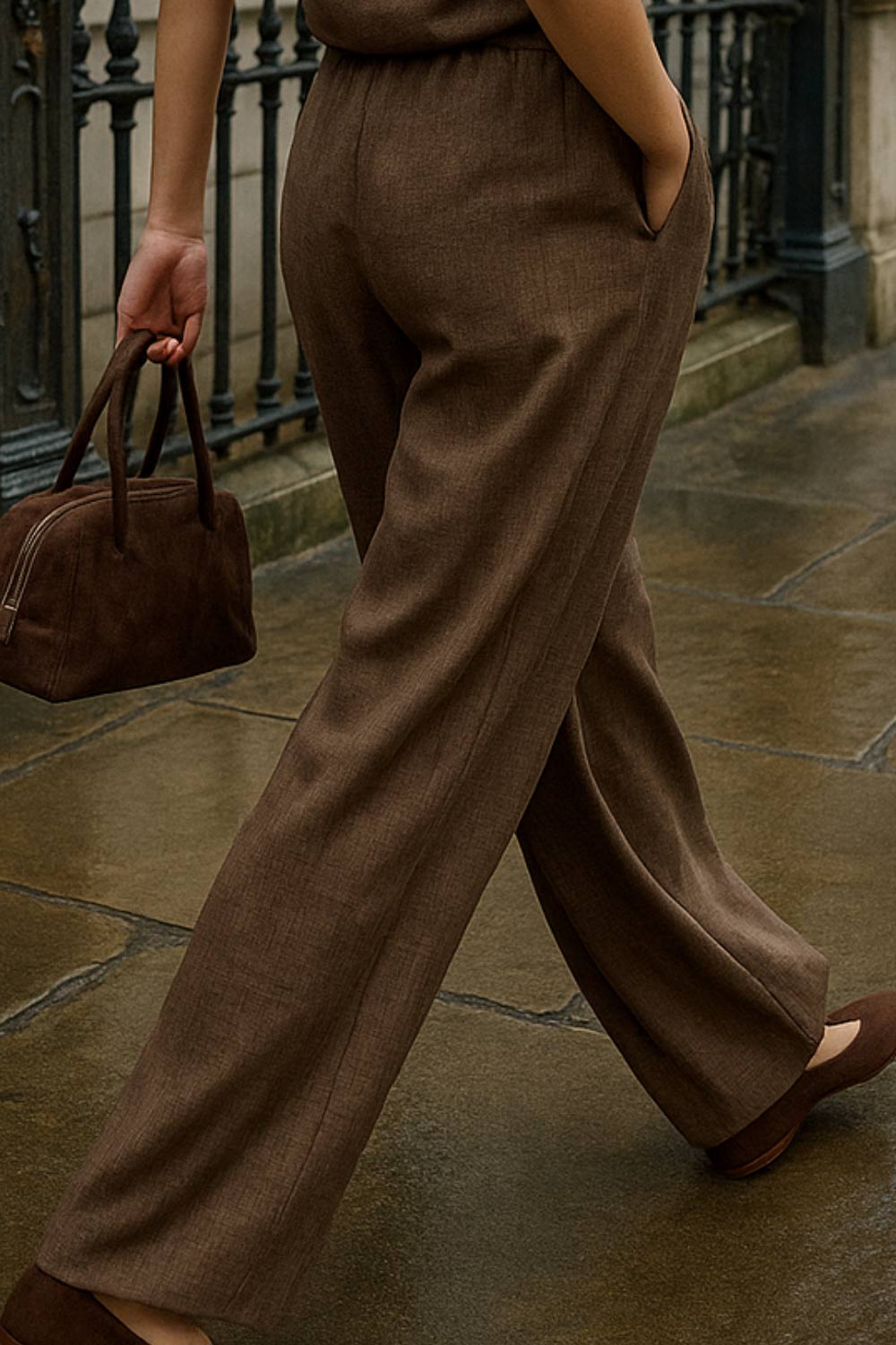 Pantalón fluido de fit recto, bolsillos delanteros, cintura alta con pretina elástica y jareta frontal ajustable.